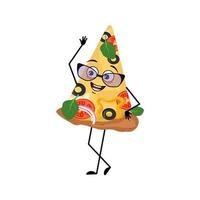 söt pizza karaktär med glasögon och glada känslor, leende ansikte, glada ögon, armar och ben. en busig mat vektor