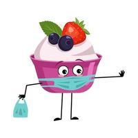 söt tårta eller yoghurtkaraktär med känslor, ansikte och mask håller avstånd, händer med shoppingkasse och stoppgest. en sorglig mat söt hjälte vektor