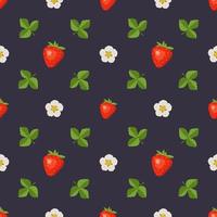 nahtloses Muster mit Erdbeeren, Blumen und Blättern. süßer Sommer- oder Frühlingsbeerendruck auf dunklem Hintergrund. festliche Dekoration für Textilien, Geschenkpapier und Designs vektor