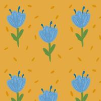 Blau Blumen isoliert auf Gelb Hintergrund. Hand gezeichnet Tulpe Blumen- nahtlos Muster Vektor Illustration.