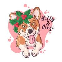handritad porträtt av corgi hund med jul blommor vektor. vektor
