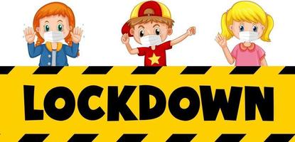 Lockdown-Schriftart mit vielen Kindern, die eine medizinische Maske tragen, isoliert auf weißem Hintergrund vektor