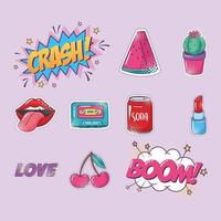 Pop-Art-Element-Aufkleber-Icon-Set, Wassermelone, Kaktus, Lippen, Soda und mehr vektor