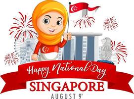 singapur national tag mit einem muslimischen mädchen hält singapur flagge zeichentrickfigur vektor