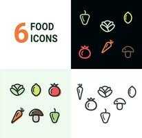 uppsättning av 6 linjär ikoner av frukt och grönsaker på vit och svart bakgrunder vektor