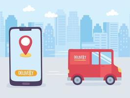 online leveransservice, smartphone navigationspekare lastbil stad, snabb och gratis transport, beställningsfrakt, appwebbplats vektor