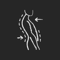 Swayback Haltung Kreide weißes Symbol auf schwarzem Hintergrund. Krümmungsstörung der Wirbelsäule. schlechte Haltung. Haltungsschäden. Bewegung der Brustwirbelsäule nach hinten. isolierte vektortafelillustration vektor