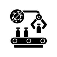 vaccintillverkarens svarta glyph-ikon. läkemedelsproduktion. automatiserad läkemedelsdistribution. hälso- och sjukvård och medicin. silhuett symbol på vitt utrymme. vektor isolerad illustration