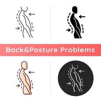 Symbol für die Swayback-Haltung. Krümmungsstörung der Wirbelsäule. schlechte Haltung. Haltungsschäden. Bewegung der Brustwirbelsäule nach hinten. Bänderzerrung. lineare Schwarz- und RGB-Farbstile. isolierte vektorillustrationen vektor