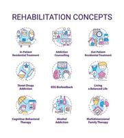 Rehabilitationskonzeptikonen eingestellt. Schritte zur Suchtheilung. Methoden der Suchtbehandlung. Rehabilitationsarten Idee dünne Linie Farbillustrationen. Vektor isolierte Umrisszeichnungen. bearbeitbarer Strich