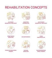 Rehabilitationskonzeptikonen eingestellt. Schritte zur Suchtheilung. Suchtmedizinische Behandlungsmethoden. Rehabilitationsarten Idee dünne Linie Farbillustrationen. Vektor isolierte Umrisszeichnungen