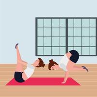 Schönheitsmädchenpaar, das Pilates-Position in der Turnhalle übt vektor