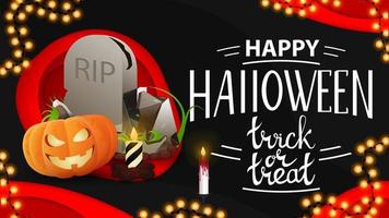 Happy Halloween, horizontale dunkle Karte mit Grabstein und Kürbis Jack vektor