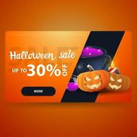 Halloween-Verkauf, modernes orangefarbenes Rabatt-Banner mit Hexentopf und Kürbis-Jack vektor