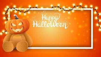 Happy Halloween, horizontale orangefarbene Vorlage mit Girlande, Rahmen, Teddybär mit Kürbiskopf vektor