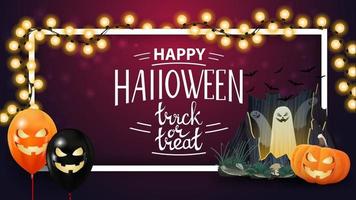 Happy Halloween, horizontale rosa Vorlage mit Girlande, Rahmen, Portal mit Geistern und Kürbis Jack vektor