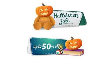 halloween-försäljning, upp till 50 rabatt, två klickbara rabattbanderoller med nallebjörn med jack pumpahuvud, stavningsbok och pumpa jack vektor