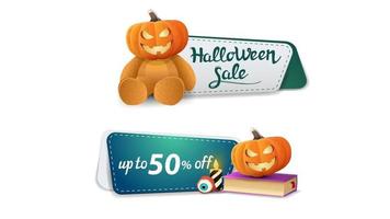 Halloween Sale, bis zu 50 Rabatt, zwei anklickbare Rabattbanner mit Teddybär mit Jack Kürbiskopf, Zauberbuch und Kürbis Jack vektor