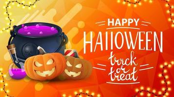 Happy Halloween, Süßes oder Saures, horizontale orangefarbene Postkarte mit Hexentopf und Kürbis Jack vektor