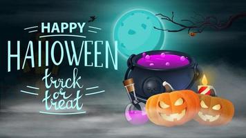 Happy Halloween, Süßes oder Saures, horizontale Postkarte mit Nachtlandschaft, Hexentopf und Kürbis-Jack vektor