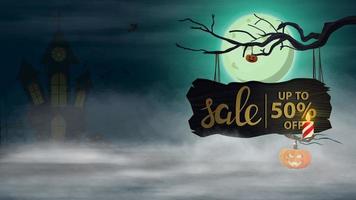 Halloween-Verkauf, -50 Rabatt, horizontales Rabattbanner mit Nachtlandschaft und altem Holzbrett mit Angebot vektor