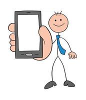 Stickman Geschäftsmann Charakter zeigt die Smartphone-Bildschirmvektor-Cartoon-Illustration vektor