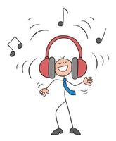 stickman affärsman karaktär lyssnar på hög musik med stora hörlurar vektor tecknad illustration