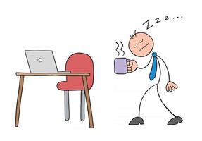 Strichmännchen-Geschäftsmann-Charakter sehr schläfrig, der mit Kaffeevektor-Cartoon-Illustration zu seinem Schreibtisch geht vektor