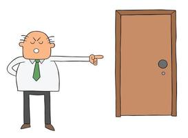 Cartoon wütender Chefmann, der seinem Arbeiter die Tür zeigt, die ihn feuert Vektorillustration vector