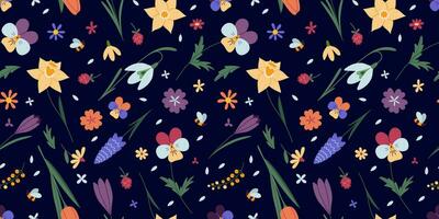nahtlos Muster mit verschiedene Frühling Blumen, Blumen- Design auf dunkel Hintergrund, Karikatur Stil. modisch modern Vektor Illustration, Hand gezeichnet, eben