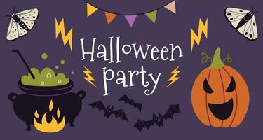 glücklich Halloween Party. horizontal Banner mit Kessel und Kürbis, Karikatur Stil. modisch modern Vektor Illustration, Hand gezeichnet, eben