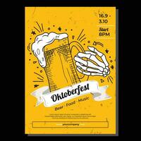 oktoberfest fest affisch illustration med skelett hand innehav en öl på gul bakgrund vektor