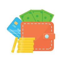 Brieftasche mit Geld, Anerkennung Karte und Münzen vektor