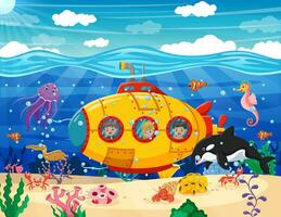 Karikatur U-Boot unter das Meer. klein neugierig Kinder auf Bathyscaphe erkunden unter Wasser Welt. Vektor Illustration