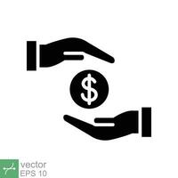 spara pengar ikon. enkel fast stil. lön pengar, investera finansiera, hand innehav dollar, ekonomi, mynt, företag begrepp. glyf vektor illustration symbol isolerat på vit bakgrund. eps 10.