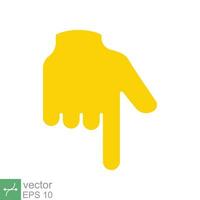 Gelb Rückhand Index zeigen Nieder Symbol. einfach eben Stil. Hand, runter, Pfeil, Finger Konzept. Vektor Illustration isoliert auf Weiß Hintergrund. eps 10.