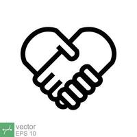 handslag, hjärta hand ikon. enkel översikt stil. tillsammans, kärlek tecken, samarbete, handla, partner, företag begrepp. linje vektor illustration symbol isolerat på vit bakgrund. eps 10.