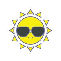 glücklich Sommer- heiter Sonne Charakter mit Sonnenbrille im tropisch Insel. Gelb lächelnd Sommer- Sonne im Brille. Hitze, heiß, Sonnenlicht, Ferien Symbol. Vektor Illustration gefüllt Gliederung Stil eps 10