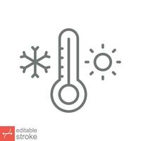 Wetter Temperatur Thermometer Symbol. Gliederung Stil Zeichen zum Netz und App. Thermometer mit kalt und heiß Symbol. dünn Linie Vektor Illustration isoliert auf Weiß Hintergrund. editierbar Schlaganfall eps 10.