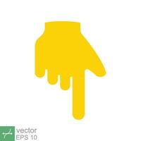 Gelb Rückhand Index zeigen Nieder Symbol. einfach eben Stil. Hand, runter, Pfeil, Finger Konzept. Vektor Illustration isoliert auf Weiß Hintergrund. eps 10.