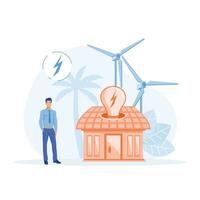 Nachhaltigkeit, Zeichen mit Grün Elektrizität, Windmühlen und Solar- Tafeln. reduzieren Kohlenstoff Fußabdruck. eben Vektor modern Illustration