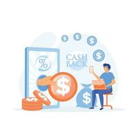 Cashback Konzept - - Mann mit Smartphone. Geld geht im ein Geld Tasche. eben Vektor modern Illustration