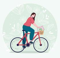 junge Frau im Fahrrad mit Blumendekoration im Korbcharakter vektor