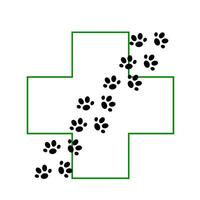 Katze Tier Pfote druckt und Kreuz Symbol Veterinär Klinik einfach minimalistisch Logo Vektor Illustration, inländisch Haustiere Gesundheit Pflege Konzept