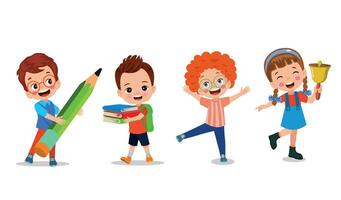 Lycklig barn tecknad serie samling. mångkulturell barn i annorlunda positioner isolerat på vit bakgrund vektor
