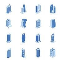Pack von Wolkenkratzer Gebäude isometrisch Symbole vektor