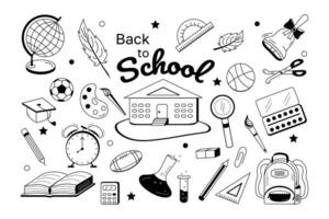 uppsättning tillbaka till skola klotter svart och vit. vektor illustration. modern undervisning och inlärning symbol.
