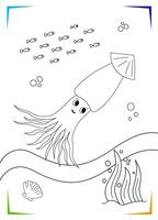 svart och vit bläckfisk, skal, tång färg sida. under vattnet invånare vektor illustration.