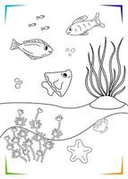 schwarz und Weiß Seetang, Fisch, Seestern Färbung Buchseite. unter Wasser Bewohner Vektor Illustration