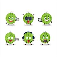 Grün Wassermelone Karikatur Charakter sind spielen Spiele mit verschiedene süß Emoticons vektor